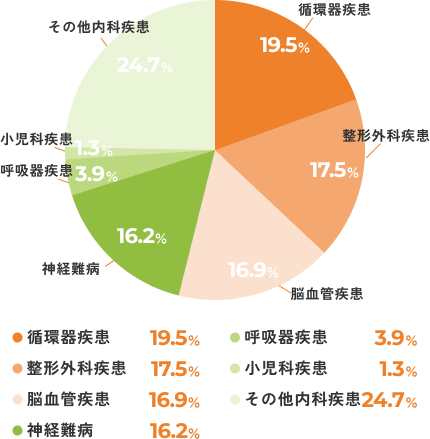 循環器疾患: 19.5% 整形外科疾患: 17.5% 脳血管疾患: 16.9% 神経難病: 16.2% 呼吸器疾患: 3.9% 小児科疾患: 1.3% その他内科疾患: 24.7%
