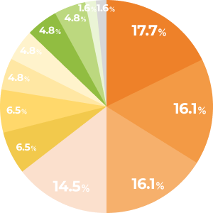 グラフ画像 在宅酸素療法（HOT）：17.7% 点滴・静脈注射：16.1% 膀胱留置カテーテル：16.1% 吸引: 14.5% 経管栄養法（胃ろう含む）: 6.5% 麻薬を用いた疼痛管理: 6.5% 腎ろう・膀胱ろう: 4.8% 人工呼吸器: 4.8% 人工肛門（ストマ）: 4.8% 気管カニューレ: 4.8% 在宅中心静脈栄養法（IVH): 1.6% 在宅自己腹膜灌流（CAPD）: 1.6%